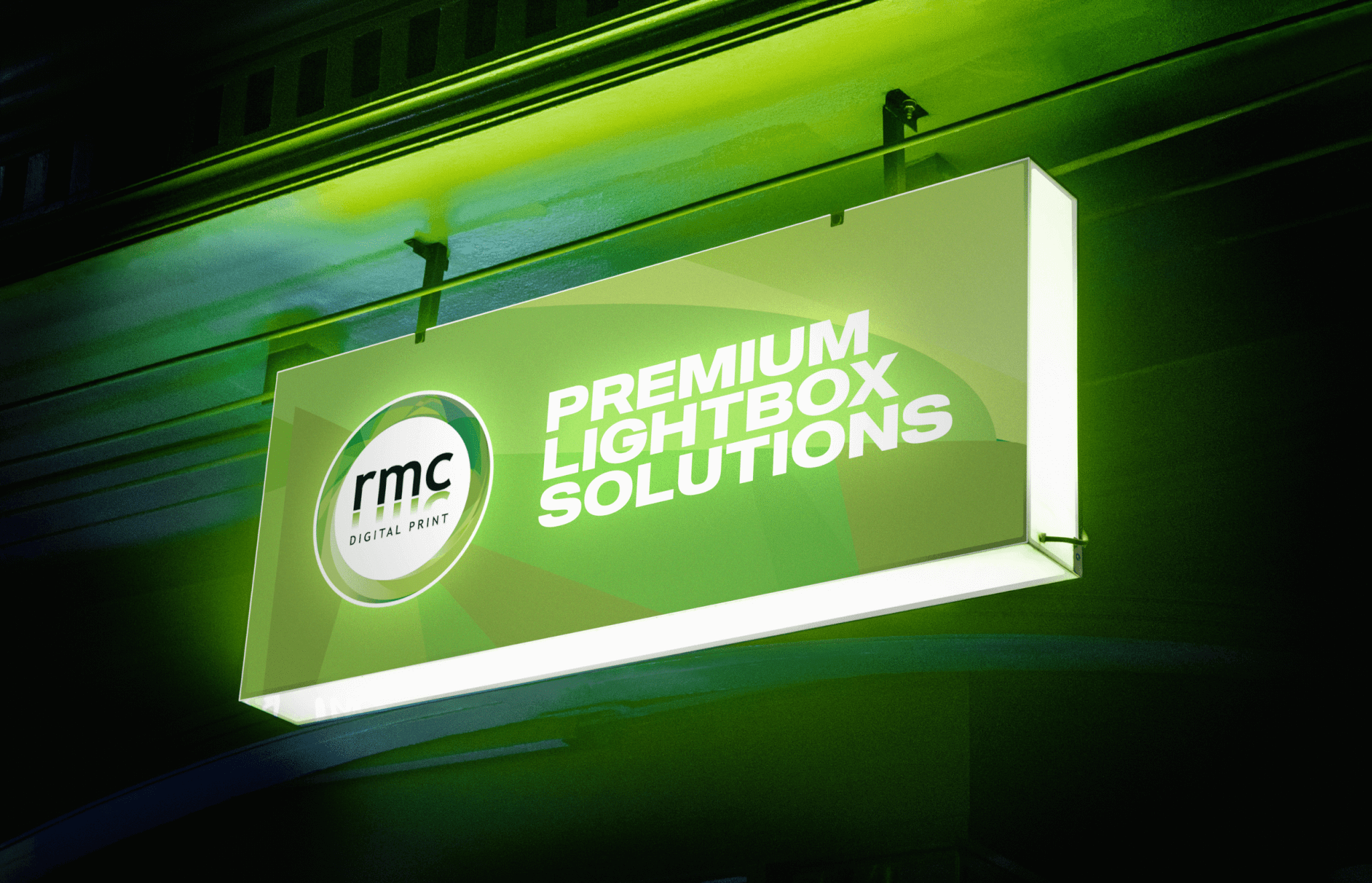 Hanging illuminated lightbox sign reading 'Premium lightbox solutions'